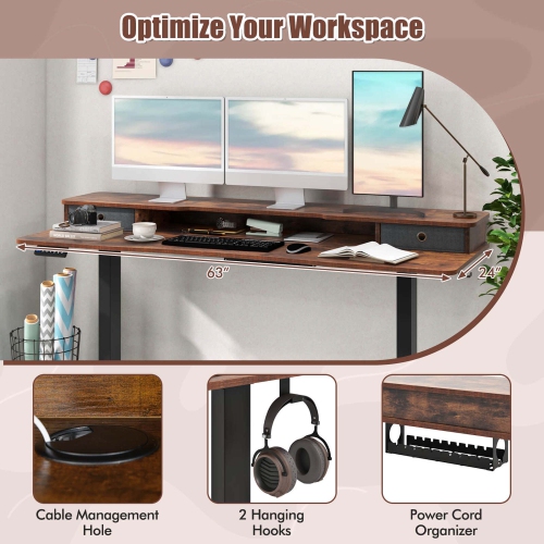 Costway 63" x 24" Electric Standing Desk with 2 Drawers Monitor Stand Storage Shelf Brown/Black/White