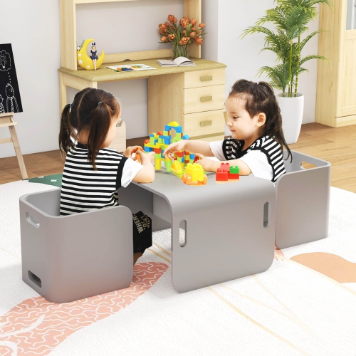 Costway 3 PCS Kids Wooden Table & Chair Set Children Multipurpose Homeschool Furniture Natural/Gray