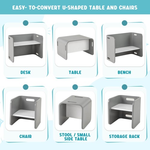 Costway 3 PCS Kids Wooden Table & Chair Set Children Multipurpose Homeschool Furniture Natural/Gray