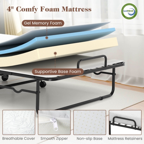 Costway Folding Bed with Mattress 74" x 31" Cot Size Rolling Guest Bed Space Saving