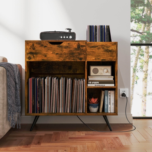 Costway Record Player Stand with Power Outlet, Drawer, Removable Divider Industrial Turntable Display Stand