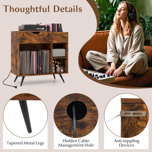 Costway Record Player Stand with Power Outlet, Drawer, Removable Divider Industrial Turntable Display Stand