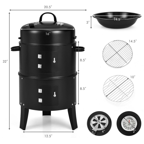 Gymax 3 in 1 Vertical Charcoal BBQ Smoker Grill Separable w/ Built-in Thermometer