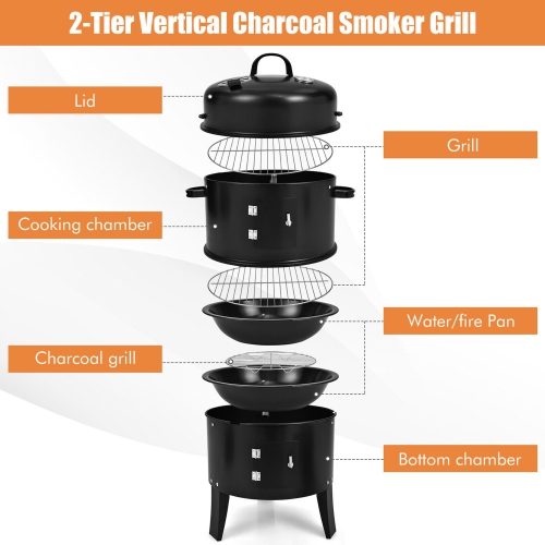 Gymax 3 in 1 Vertical Charcoal BBQ Smoker Grill Separable w/ Built-in Thermometer