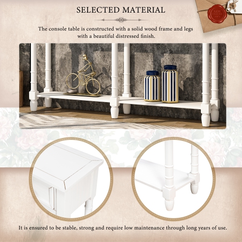 Kepooman Console Table Sofa Table Easy Assembly with Two Storage Drawers and Bottom Shelf for Living Room - White