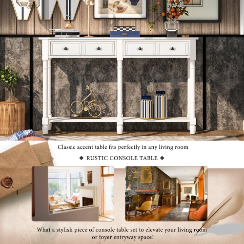 Kepooman Console Table Sofa Table Easy Assembly with Two Storage Drawers and Bottom Shelf for Living Room - White
