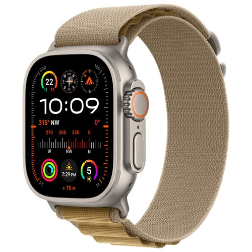 Boîte ouverte - Apple Watch Ultra 2 avec boîtier en titane naturel et bracelet alpin havane de 49&nbsp;mm - Grand