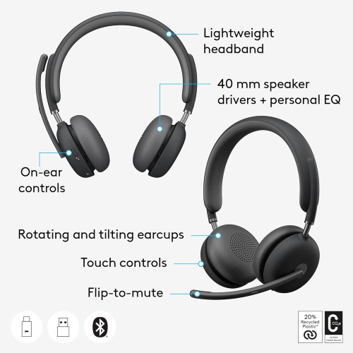 Refurbished - Logitech Zone 950 Premium Noise Canceling Headset with Hybrid ANC - Graphite