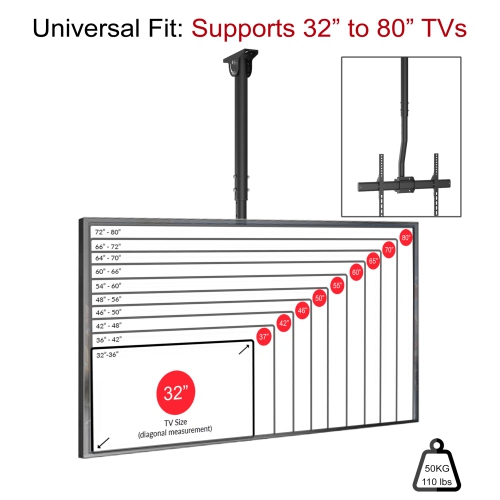Boost Industries UCM-3280 Height Adjustable 180° Rotating TV Ceiling Mount for 32" to 80" TVs
