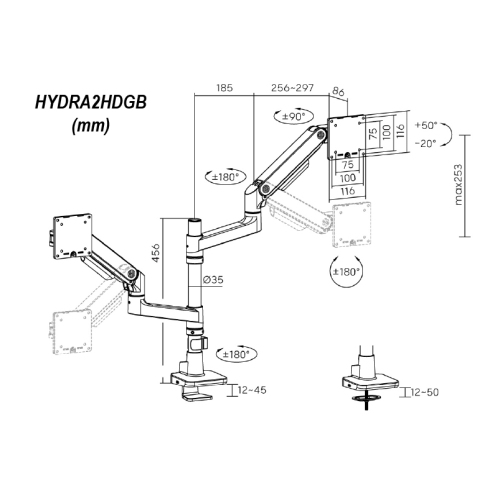 HYDRA Elite Dual Monitor Arm Designed for 49" Display Max 20kg per Screen - 10 Year Warranty - HYDRA2HDGB