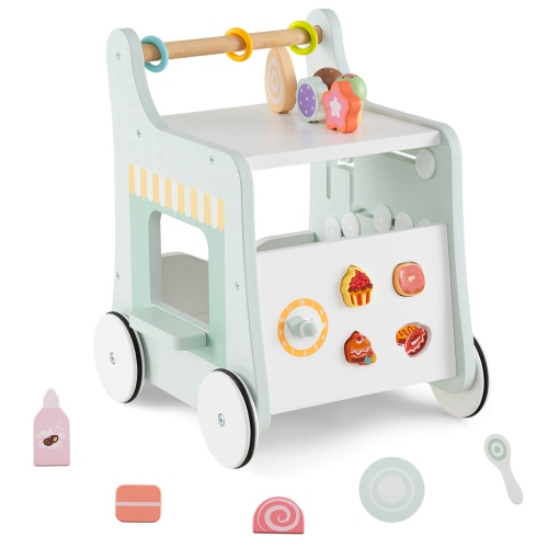 COSTWAY  Wooden Baby Walker Ice Cream Cart Toy With Sweet Accessories & Smooth Wheels Green/pink