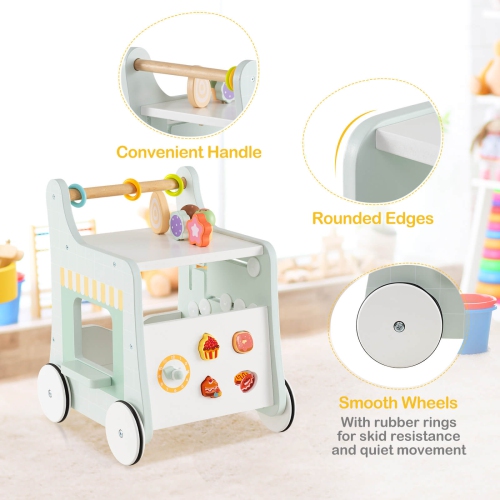 Costway Wooden Baby Walker Ice Cream Cart Toy with Sweet Accessories & Smooth Wheels Green/Pink
