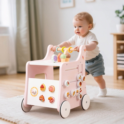 Costway Wooden Baby Walker Ice Cream Cart Toy with Sweet Accessories & Smooth Wheels Green/Pink