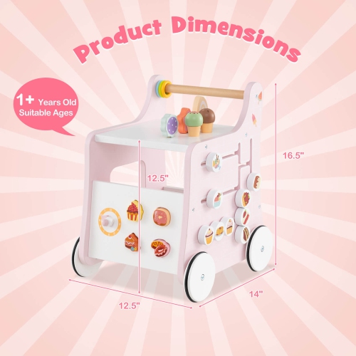 Costway Wooden Baby Walker Ice Cream Cart Toy with Sweet Accessories & Smooth Wheels Green/Pink