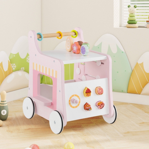 Costway Wooden Baby Walker Ice Cream Cart Toy with Sweet Accessories & Smooth Wheels Green/Pink