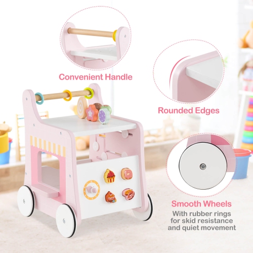 Costway Wooden Baby Walker Ice Cream Cart Toy with Sweet Accessories & Smooth Wheels Green/Pink