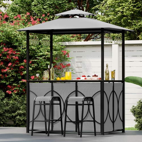 Costway 6.5 x 4 x 8 FT Grill Gazebo Set with 2 Bar Stools, Tempered Glass Bar Table Brown/Gray