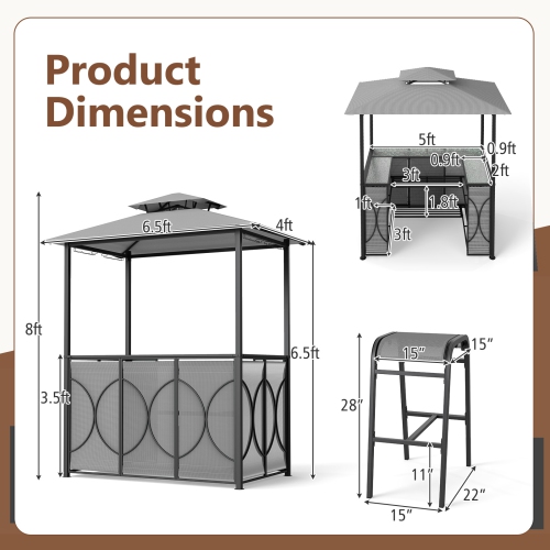 Costway 6.5 x 4 x 8 FT Grill Gazebo Set with 2 Bar Stools, Tempered Glass Bar Table Brown/Gray