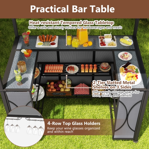Costway 6.5 x 4 x 8 FT Grill Gazebo Set with 2 Bar Stools, Tempered Glass Bar Table Brown/Gray