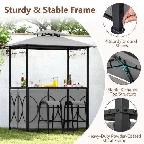 Costway 6.5 x 4 x 8 FT Grill Gazebo Set with 2 Bar Stools, Tempered Glass Bar Table Brown/Gray