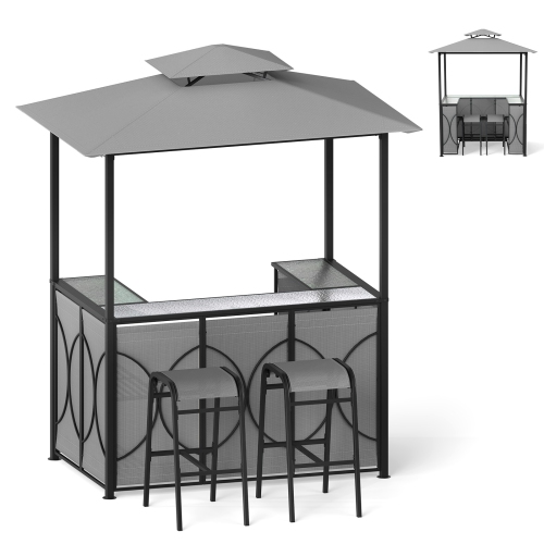 Costway 6.5 x 4 x 8 FT Grill Gazebo Set with 2 Bar Stools, Tempered Glass Bar Table Brown/Gray
