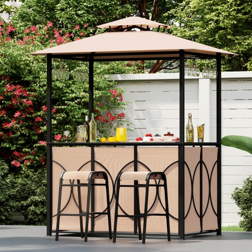 Costway 6.5 x 4 x 8 FT Grill Gazebo Set with 2 Bar Stools, Tempered Glass Bar Table Brown/Gray
