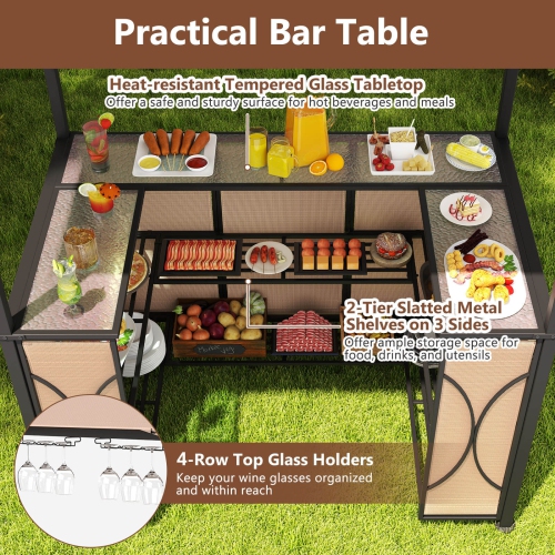 Costway 6.5 x 4 x 8 FT Grill Gazebo Set with 2 Bar Stools, Tempered Glass Bar Table Brown/Gray