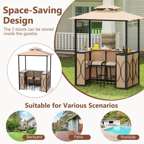 Costway 6.5 x 4 x 8 FT Grill Gazebo Set with 2 Bar Stools, Tempered Glass Bar Table Brown/Gray