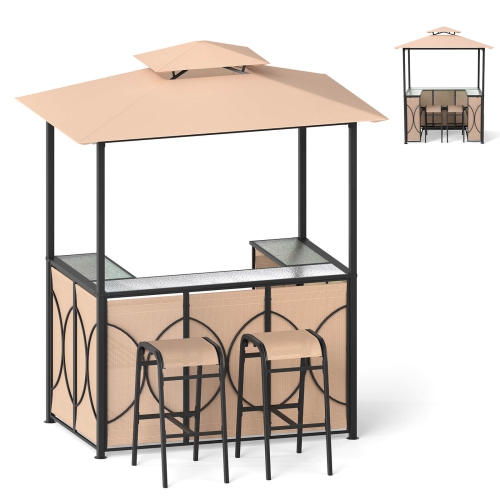 Costway 6.5 x 4 x 8 FT Grill Gazebo Set with 2 Bar Stools, Tempered Glass Bar Table Brown/Gray