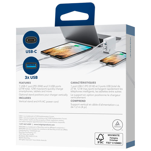 Chargeur mural à 4 ports USB-A/USB-C 47W d'Insignia - Blanc - Exclusivité de Best Buy