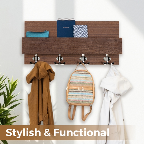 Straga Handmade 23" Mahogany Coat Rack w/4 Hooks & Shelf - Entryway, Bathroom, Living Room - Modern-Traditional Design - Made in Canada 01