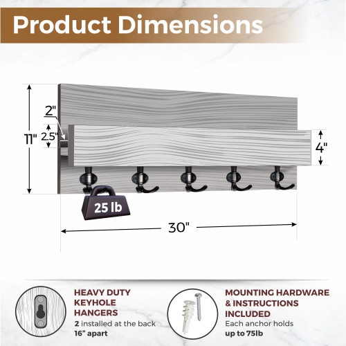 Straga 30" Walnut Coat Rack w/5 Hooks & Shelf - Wall Organizer for Coats, Keys, Decor - Space Saving Entryway Solution - Handmade in Canada