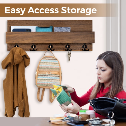 Straga 30" Walnut Coat Rack w/5 Hooks & Shelf - Wall Organizer for Coats, Keys, Decor - Space Saving Entryway Solution - Handmade in Canada