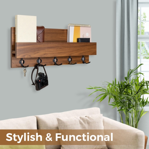 Straga 30" Walnut Coat Rack w/5 Hooks & Shelf - Wall Organizer for Coats, Keys, Decor - Space Saving Entryway Solution - Handmade in Canada