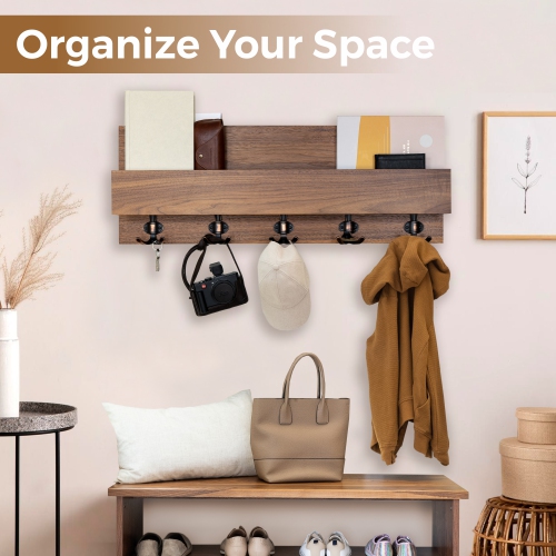 Straga 30" Walnut Coat Rack w/5 Hooks & Shelf - Wall Organizer for Coats, Keys, Decor - Space Saving Entryway Solution - Handmade in Canada