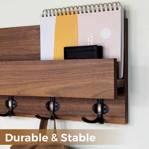 Straga 30" Walnut Coat Rack w/5 Hooks & Shelf - Wall Organizer for Coats, Keys, Decor - Space Saving Entryway Solution - Handmade in Canada