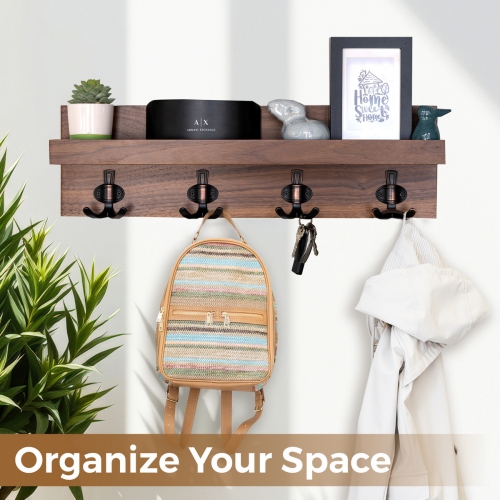 Organisateur d'entrée Straga 23 po noyer avec 4 crochets et tablette - Portemanteau mural pour clés, sacs - vestiaire, couloir - Fabriqué au