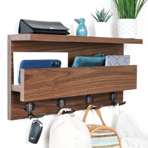 Straga 23" Walnut Coat Rack w/2 Shelves & 4 Hooks - Entryway Organizer for Coats, Keys, Mail - Mudroom, Hallway - Made in Canada 04