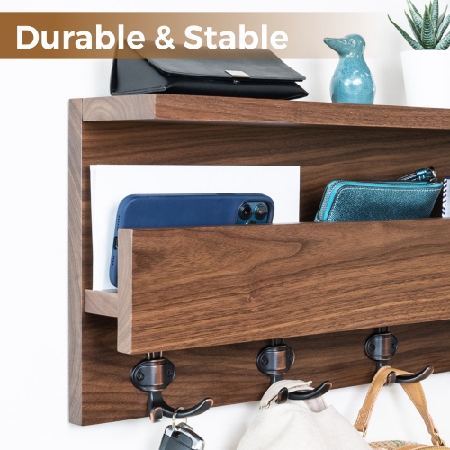 Straga 23" Walnut Coat Rack w/2 Shelves & 4 Hooks - Entryway Organizer for Coats, Keys, Mail - Mudroom, Hallway - Made in Canada 04