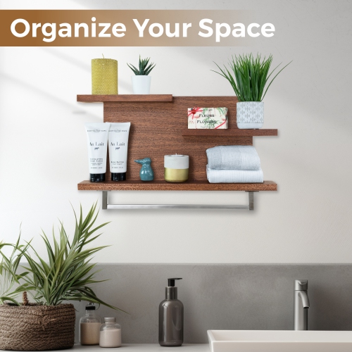 Straga Handmade 23" Mahogany 3-Tier Shelf w/18" Towel Bar - Solid Wood Floating Organizer for Bathroom, Kitchen, Bedroom - Made in Canada 03