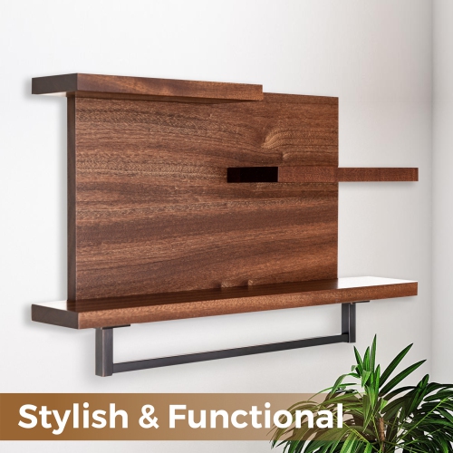 Straga Handmade 23" Mahogany 3-Tier Shelf w/18" Towel Bar - Solid Wood Floating Organizer for Bathroom, Kitchen, Bedroom - Made in Canada 03