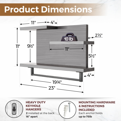 Straga 23" Walnut 3-Tier Shelf w/18" Towel Bar - Floating Organizer for Bathroom, Kitchen, Bedroom - Made in Canada 03