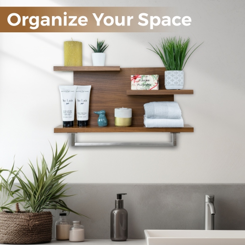 Straga 23" Walnut 3-Tier Shelf w/18" Towel Bar - Floating Organizer for Bathroom, Kitchen, Bedroom - Made in Canada 03