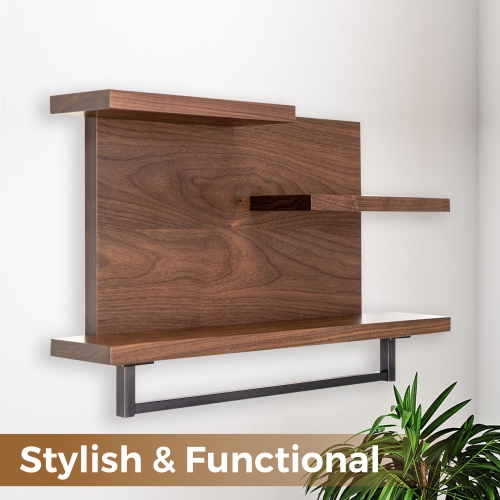 Straga 23" Walnut 3-Tier Shelf w/18" Towel Bar - Floating Organizer for Bathroom, Kitchen, Bedroom - Made in Canada 03