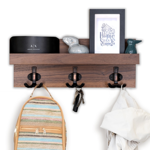Straga 18" Walnut Entryway Organizer w/3 Hooks & Shelf - Wall-Mounted for Coats, Keys, Bags - Mudroom, Hallway - Made in Canada 10