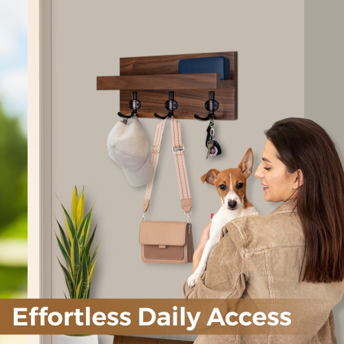 Straga 18" Walnut Entryway Organizer w/3 Hooks & Shelf - Wall-Mounted for Coats, Keys, Bags - Mudroom, Hallway - Made in Canada 10