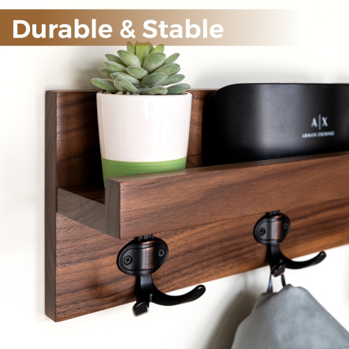 Straga 18" Walnut Entryway Organizer w/3 Hooks & Shelf - Wall-Mounted for Coats, Keys, Bags - Mudroom, Hallway - Made in Canada 10