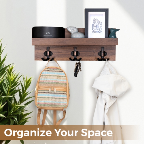 Straga 18" Walnut Entryway Organizer w/3 Hooks & Shelf - Wall-Mounted for Coats, Keys, Bags - Mudroom, Hallway - Made in Canada 10
