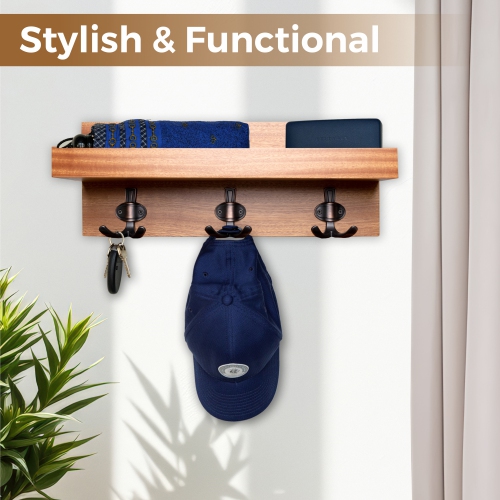 Organisateur d'entrée en acajou de 18 po Straga avec 3 crochets et tablette – Fixation murale pour manteaux, clés, sacs – vestiaire, couloir –