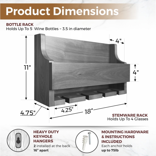 Support à vin et porte-verre en noyer rustique Straga - Fixé au mur pour 4 bouteilles et verres à pied - Grain de bois naturel - Fabriqué au Canada 14